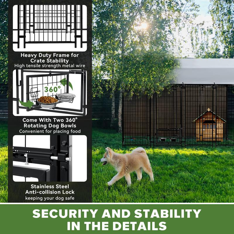 ORANLAND 7.8X4X6Ft Heavy Duty Outdoor Dog Kennel, Welded Wire Steel Dog Enclosure with Secure Door Lock & Waterproof Roof, 2 Rotating Bowls Enclosed