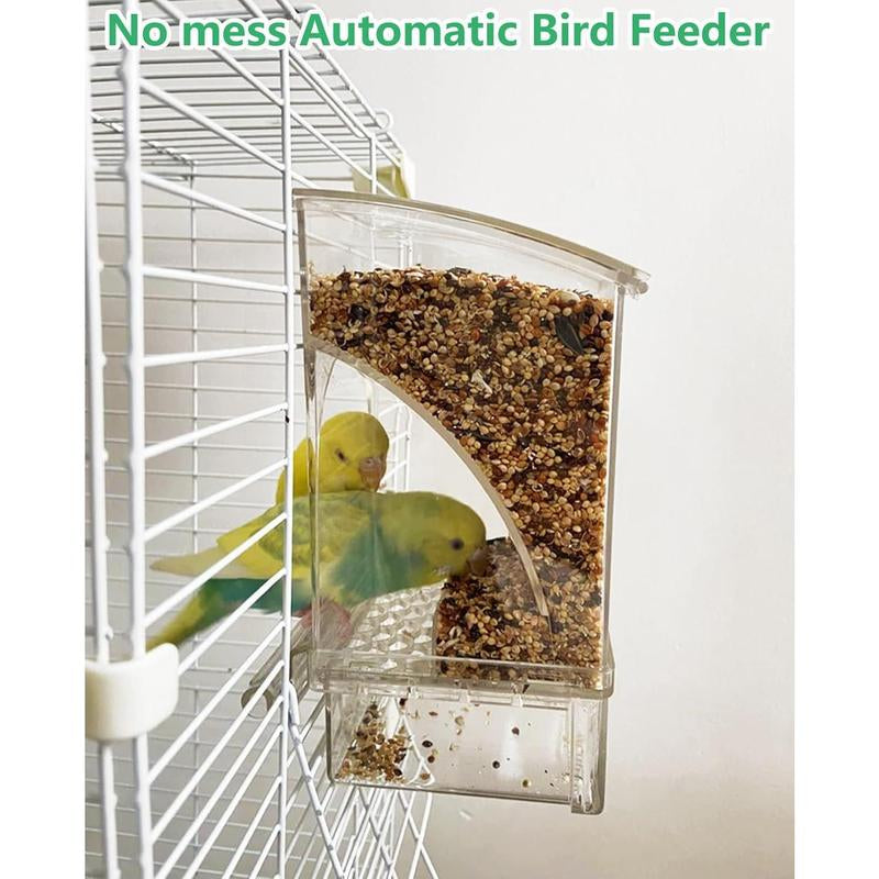 Transparent Acrylic No-Spill Bird Feeders - Automatic Cage Mounted Seed Food Containers with Built-In Perch, Mess-Proof Feeding Station with Clear Food Level Window for Parakeet Budgies Lovebirds Finch Canary