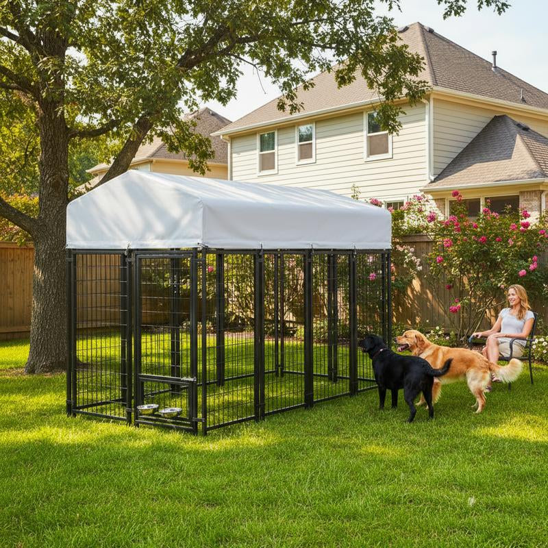 ORANLAND 7.8X4X6Ft Heavy Duty Outdoor Dog Kennel, Welded Wire Steel Dog Enclosure with Secure Door Lock & Waterproof Roof, 2 Rotating Bowls Enclosed