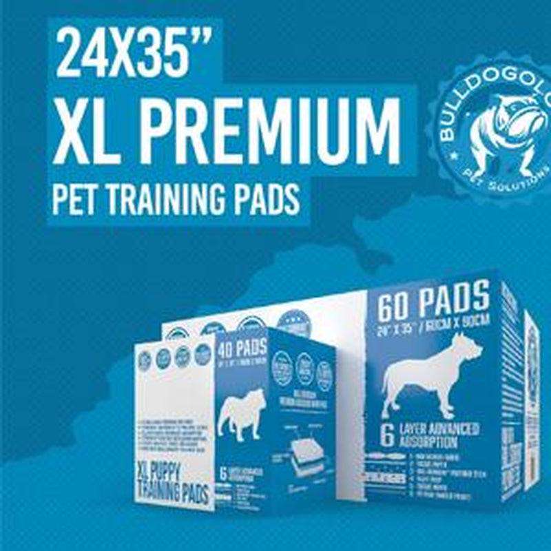 Bulldogology Puppy Pee Pads XL with Adhesive Sticky Tape - Extra Large Dog Training Wee Pads (24X35) 6 Layers with Extra Quick Dry Bullsorbent Polymer Tech (40-Count, White)