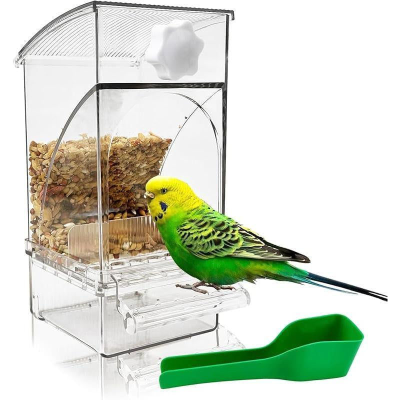 Transparent Acrylic No-Spill Bird Feeders - Automatic Cage Mounted Seed Food Containers with Built-In Perch, Mess-Proof Feeding Station with Clear Food Level Window for Parakeet Budgies Lovebirds Finch Canary