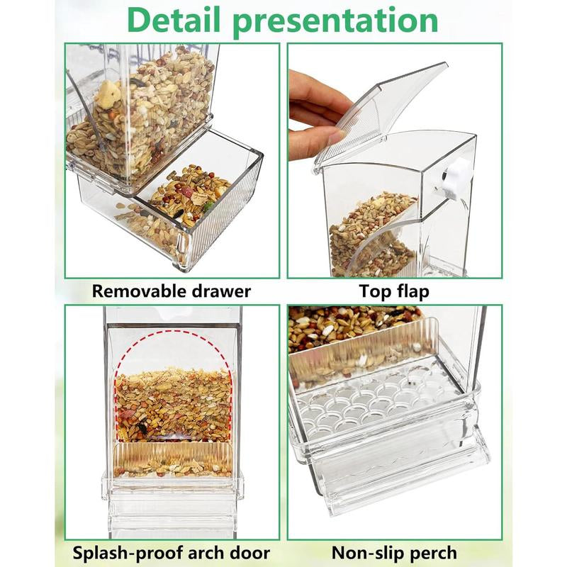 Transparent Acrylic No-Spill Bird Feeders - Automatic Cage Mounted Seed Food Containers with Built-In Perch, Mess-Proof Feeding Station with Clear Food Level Window for Parakeet Budgies Lovebirds Finch Canary