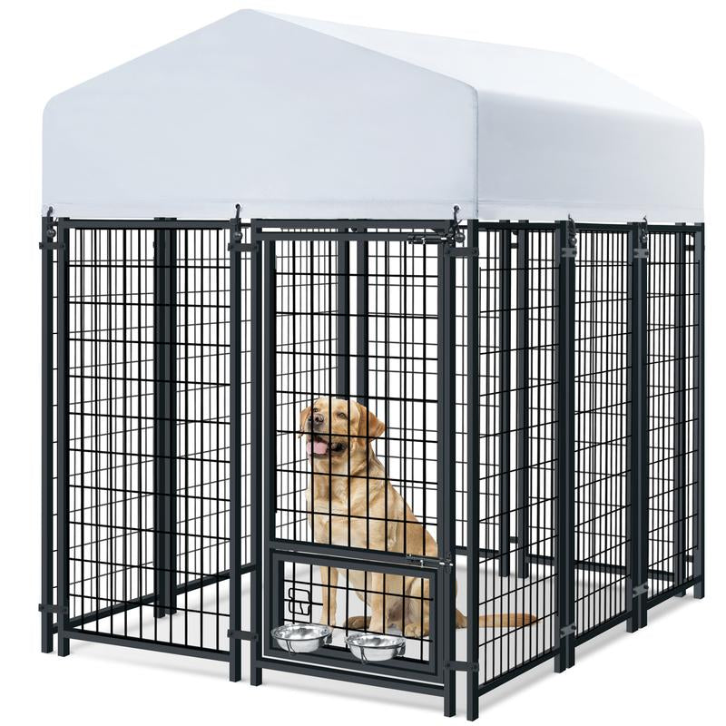 ORANLAND 7.8X4X6Ft Heavy Duty Outdoor Dog Kennel, Welded Wire Steel Dog Enclosure with Secure Door Lock & Waterproof Roof, 2 Rotating Bowls Enclosed