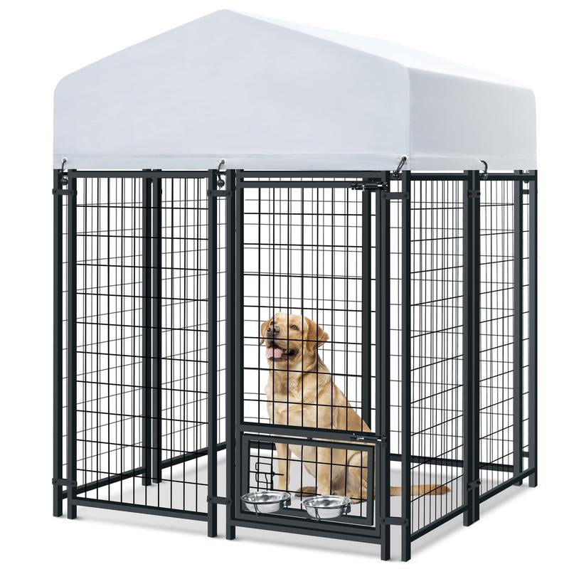 ORANLAND 7.8X4X6Ft Heavy Duty Outdoor Dog Kennel, Welded Wire Steel Dog Enclosure with Secure Door Lock & Waterproof Roof, 2 Rotating Bowls Enclosed