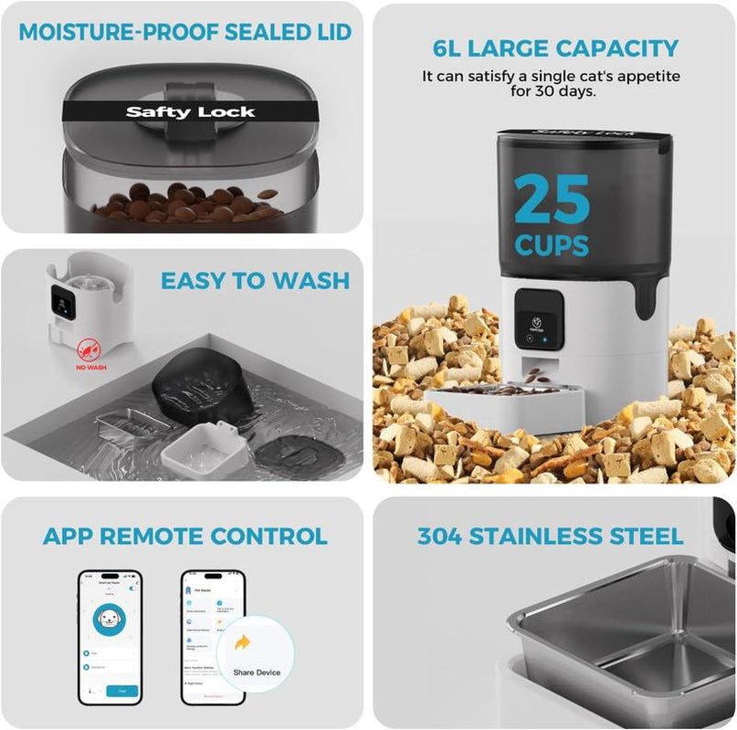 【Newyear2026】5G Wifi Automatic Cat Feeders: Smart Automatic Cat Food Dispenser with Slow Feeding Mode, Detachable for Easy Cleaning, Pet Feeder with Alexa, 1-30 Meals per Day for Multiple Pets (6L/25 Cup) #Tiktokshopfalldealsforyou