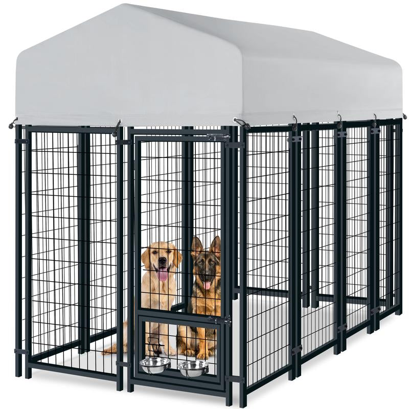 ORANLAND 7.8X4X6Ft Heavy Duty Outdoor Dog Kennel, Welded Wire Steel Dog Enclosure with Secure Door Lock & Waterproof Roof, 2 Rotating Bowls Enclosed