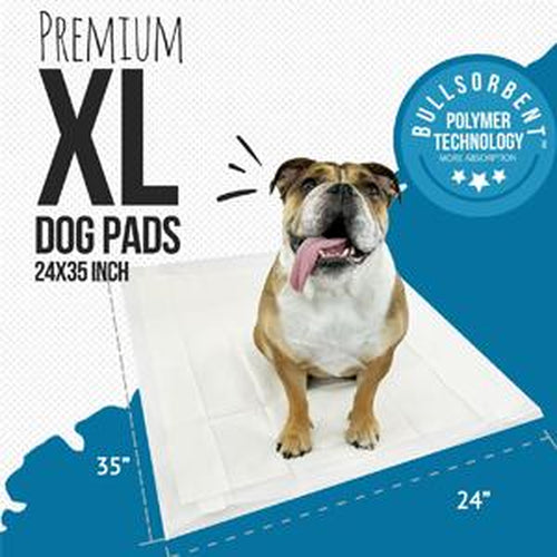 Bulldogology Puppy Pee Pads XL with Adhesive Sticky Tape - Extra Large Dog Training Wee Pads (24X35) 6 Layers with Extra Quick Dry Bullsorbent Polymer Tech (40-Count, White)