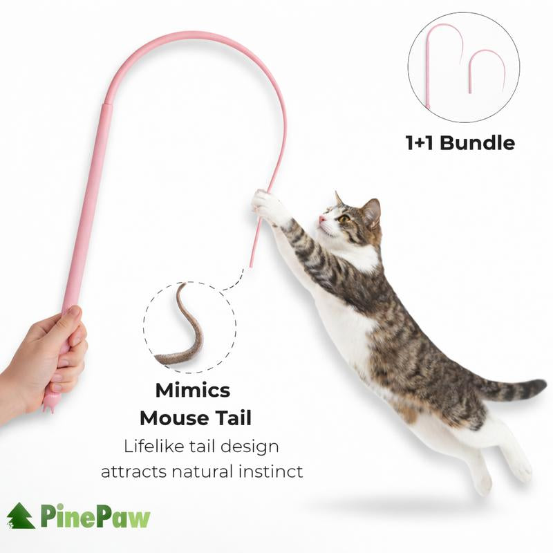 Pinepaw Interactive Mouse Tail Cat Toy Set with 2 Replaceable Teaser Heads Mimics Mouse Tail Design for Engaging Playtime & Versatile Fun