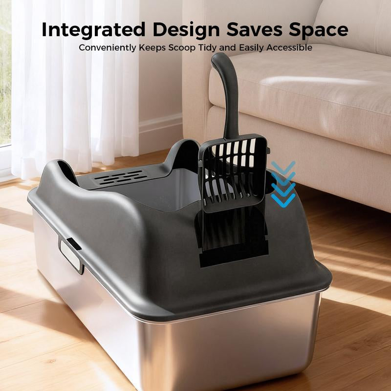 Gtplayer Stainless Steel Cat Litter Box with Lid, XL Extra Large Litter Box for Big Cats, High Sided Kitty Metal Pan with Pedal Filter and Scoop, Non-Sticky&Anti-Leakage Easy Cleaning