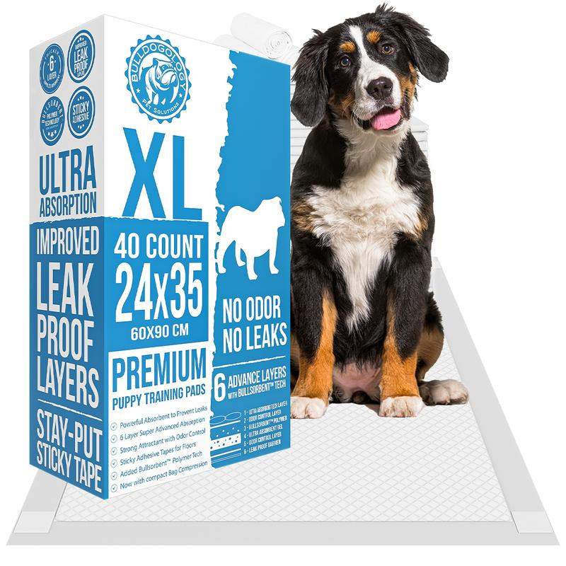 Bulldogology Puppy Pee Pads XL with Adhesive Sticky Tape - Extra Large Dog Training Wee Pads (24X35) 6 Layers with Extra Quick Dry Bullsorbent Polymer Tech (40-Count, White)