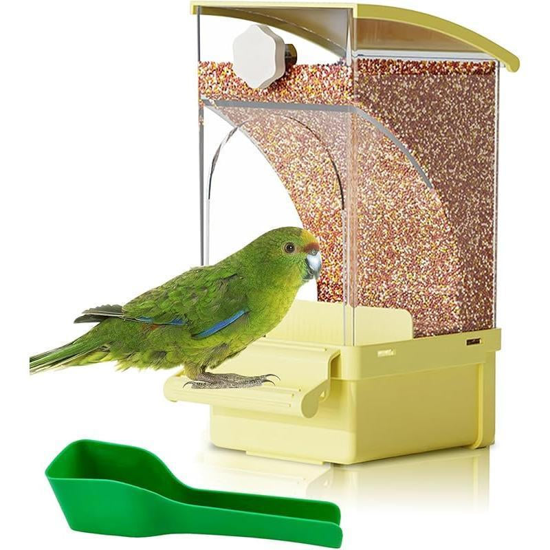 Transparent Acrylic No-Spill Bird Feeders - Automatic Cage Mounted Seed Food Containers with Built-In Perch, Mess-Proof Feeding Station with Clear Food Level Window for Parakeet Budgies Lovebirds Finch Canary