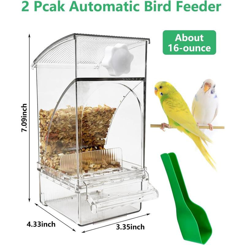 Transparent Acrylic No-Spill Bird Feeders - Automatic Cage Mounted Seed Food Containers with Built-In Perch, Mess-Proof Feeding Station with Clear Food Level Window for Parakeet Budgies Lovebirds Finch Canary