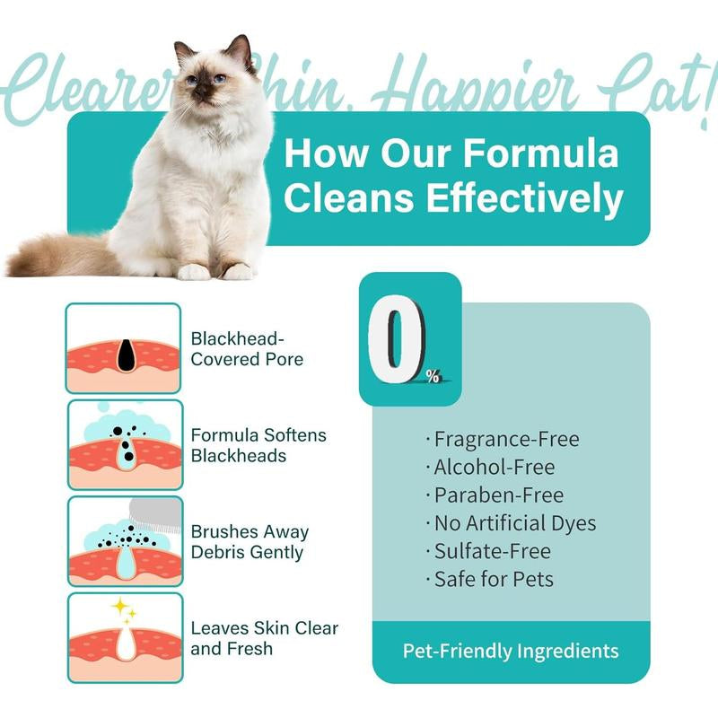 Cat Chin Acne Cleaner – No-Rinse Blackhead & Pimple Remover with Brush – Gentle Formula for Sensitive Feline Skin, Oil & Debris Control, 2.03 Fl Oz
